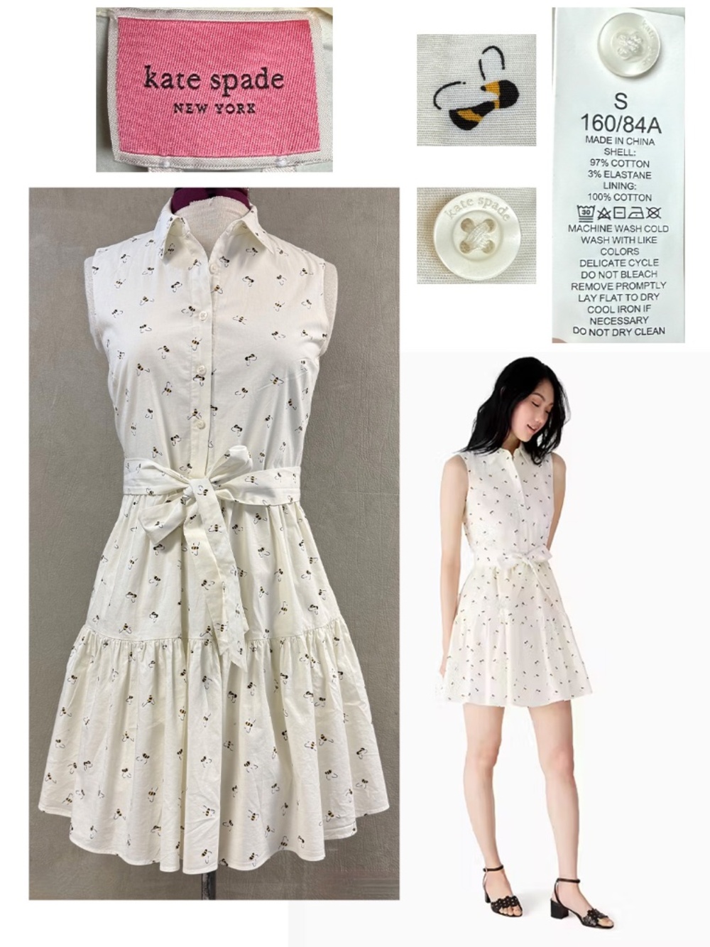 Kate Spade New York Abuzz Bumble Bees Belted Mini Shirtdress in White, size S